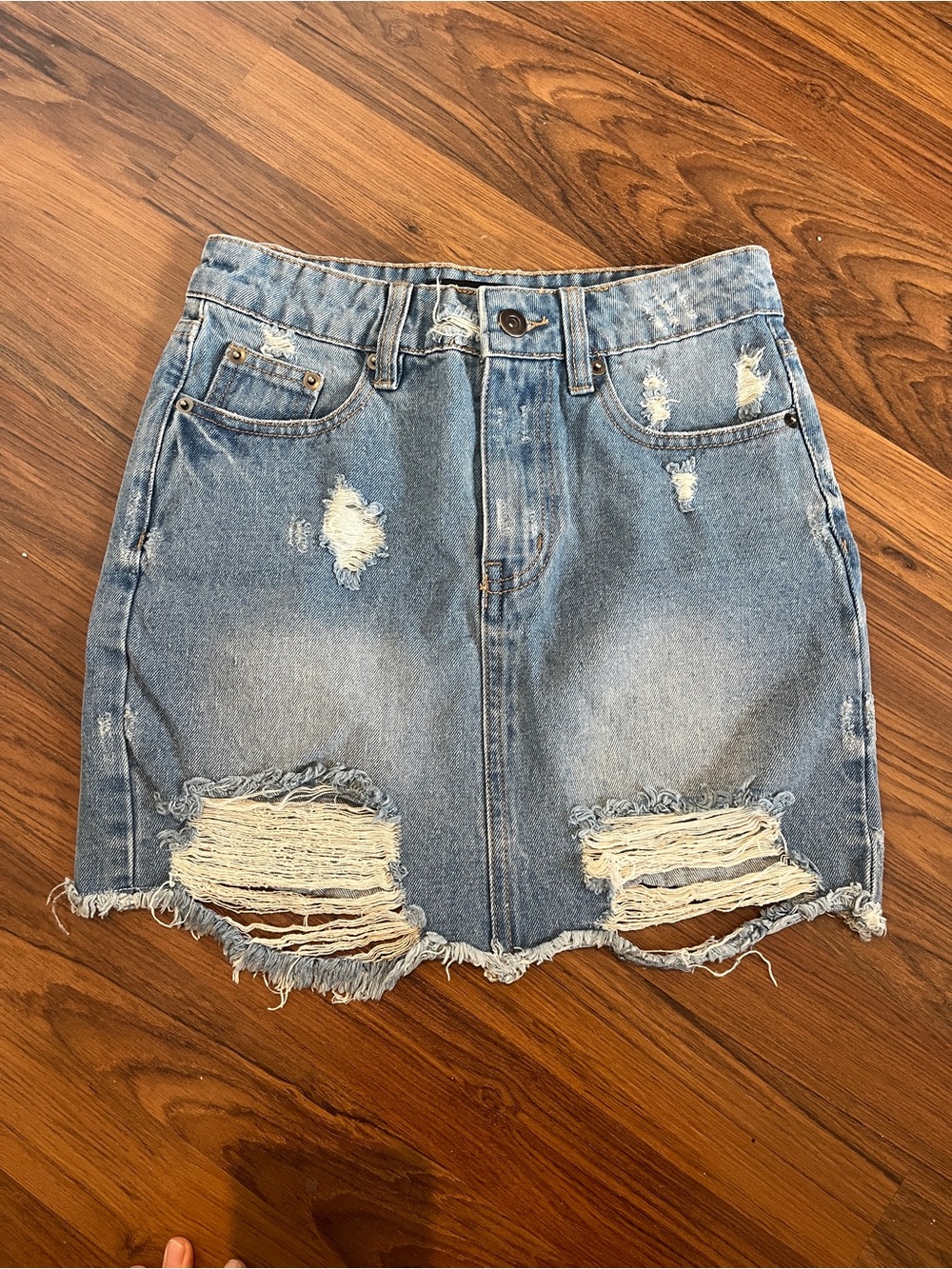 Meshki Distressed Blue Denim Mini Skirt